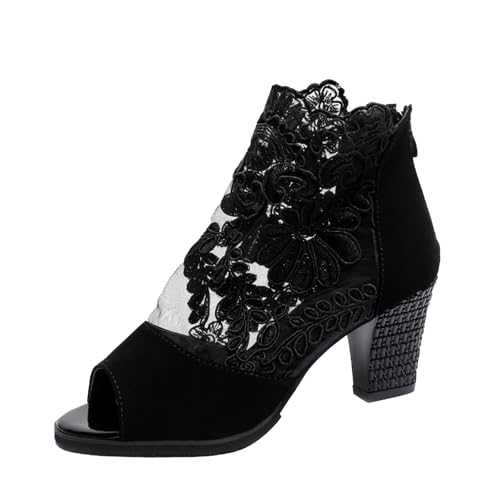 Ankle Boots for Women Lace Floral Mesh Suede Chunky Ankle Boots Short Boots Back Zip Breathable Non-Slip Block Heeled Ankle Bootie Clearance Size