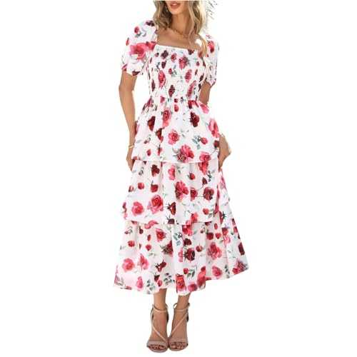 Beach Dress Women's Generic Chic Summer Dress Holiday Ruffle Puff Sleeves Maxi Dress Slim Satin Bridesmaid Dresses Long Medieval Beach Dress Holiday Vintage Casual Dress with Floral Pattern