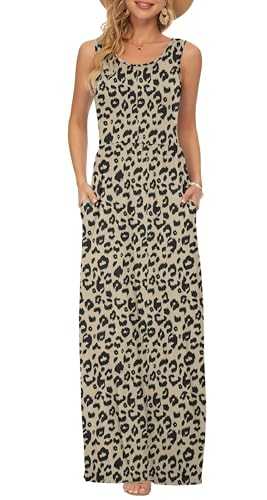 AUSELILY Summer Dresses for Women Casual Sleeveless Maxi Dress Loose Long Dresses with Pockets Leopard