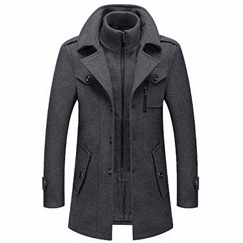 Warm Men's Wool Coat with Removable Double Collar, Pea Coat, Casual/Business Slim-Fit Winter Jacket with Cotton Lining, Thick, Windproof Outdoor Coat