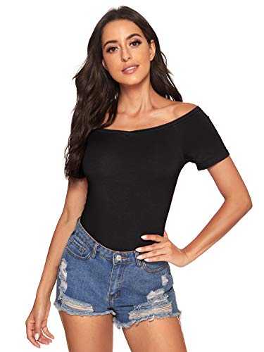 GORGLITTER Women's Off Shoulder Short Sleeve Top V Neck Stretchy Solid Knitted Casual T Shirt