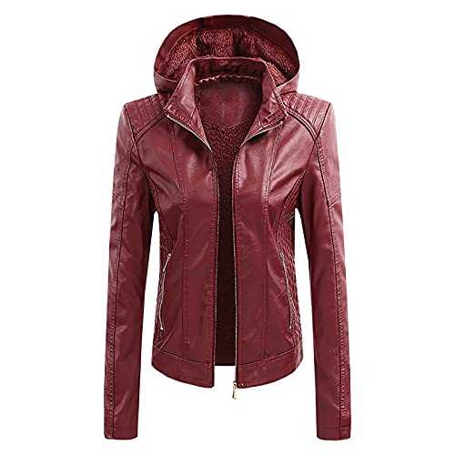 Women Bomber Trucker Jacket Faux Leather Utility Biker Jacket Hooded Zipper Lapel Collar Cropped Jacket Long Sleeve Leather Jacket Winter Autumn Hoodie Outwear Flight Top Ladies