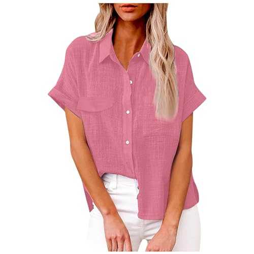 Women Tops Elegant Cotton Linen Shirts Casual Button Up Roll Short Sleeve Tunic Tshirt Blouse Summer Breathe Comfort Work Office Lapel Blouses Casual Dressy Clothing