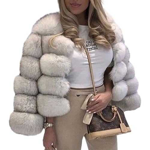 PengGengA Women's Faux Fur Coat Winter Warm Cropped Jacket Long Sleeve Shaggy Parka Cardigan Collarless Fluffy Coat Outerwear Short Artificial Fur Overcoat