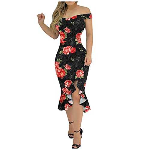 AMDOLE Women Doll Dress Cold Slit Fashion Floral Dress Dress Hem Loose Women Plain Shoulder Ruffle Print Women's Dress Two Sided Dress