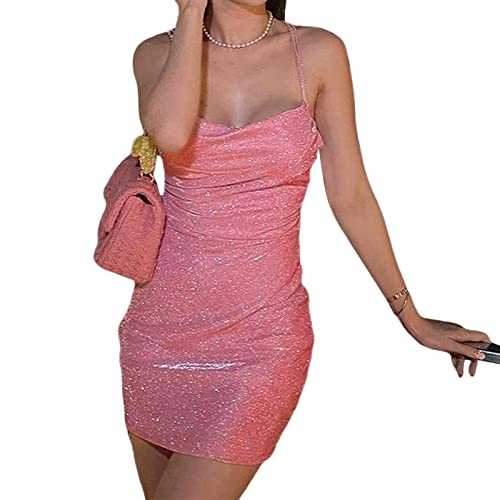 FeMereina Women Sequin Bodycon Mini Dress Spaghetti Strap V Neck Backless Short Dress Sexy Glitter Lace Back Party Club Dress