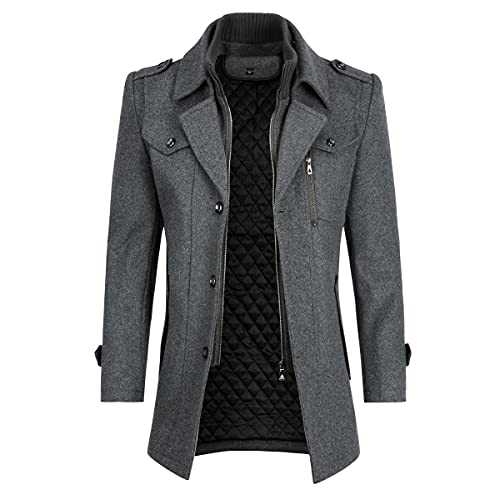 YOUTHUP Mens Wool Coats Casual Thick Short Winter Trench Coat Regular Fit Peacoat with Detachable Inner Collar