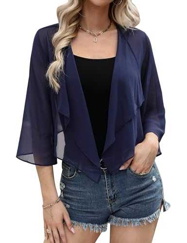 Chiffon Bolero Cardigans for Women UK Ladies 3/4 Sleeve Boleros Shrugs Shawl Open Front Lightweight Cropped Cardigan Tops Evening Wedding