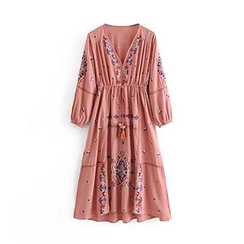 QPXZ Long Skirt V-Neck Long Sleeve Embroidered Dress-Pink_M