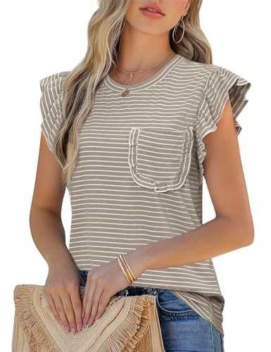 JUSTFASHIONNOW Womens Summer Tops Striped T-Shirts 2025 Ruffle Short Sleeve Crew Neck Casual Blouses with Pocket
