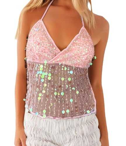WangsCanis Women Y2K Sequin Cami Top Sexy Pearl Embellished Halter Tank Tops Sparkle Backless Summer Camisole