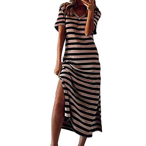 Womens Summer Color Block Striped Maxi Dress Cotton Short Sleeve V Neck Casual Stretchy Loose Long Beach Holiday Breathable Swing Side Split Dresses Tunic Womens Dresses Long