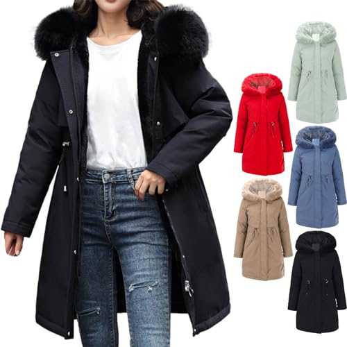 FNKDOR Women's Winter Jacket Parka Overcoat Full Zip Long Warm Faux Fur Jacket Regular Fit Adjustable Windproof Warm Breathable Streetwear Embroidery Casual Jacket Winter