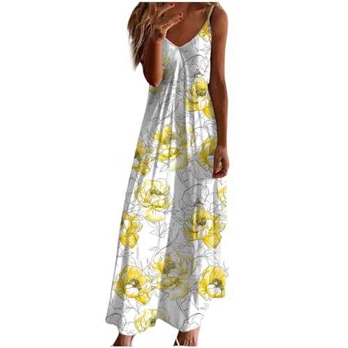KUIH Women Boho Dresses Sale Spaghetti Strap Flowy Maxi Dress Beach Sundress Women Summer Dress Floral Printed Long Dress Bohemia Tunic Dress Casual Dresses Vocation Beach Dress Plus Size Party Dress