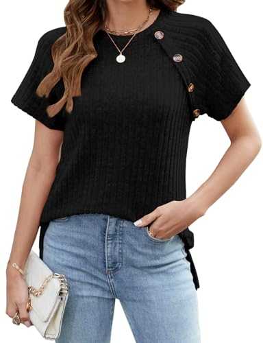 Akiooue Womens Short Sleeve Knitted T Shirts Casual Loose Summer Tops Crew Neck Buttons Jumper Pullover Blouse