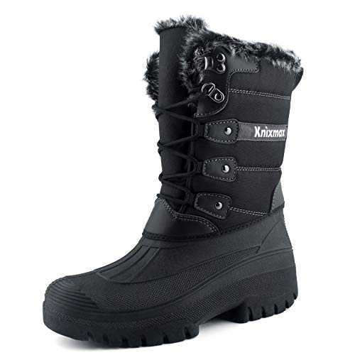 Knixmax Women's Men's Winter Snow Boots Waterproof Sole Fur Lined Lace-Up Mucker Stable Yard Boots for Outdoor Walking Hunting Horse Riding