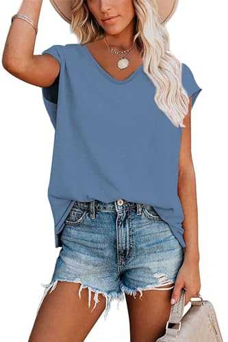 KINGFEN Womens T Shirts Short Sleeve V Neck Solid Color Casual Loose Summer Tops Size 6-22