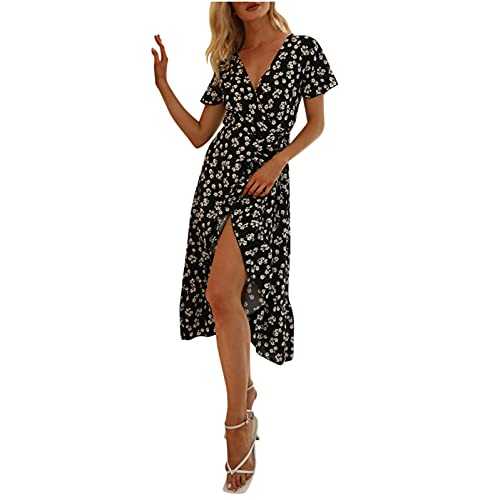 Dresses for Women UK V-Neck Women's Bohemian A-Line Print Short Printed Floral Sleeve Dress Casual Women's Dress Long Dresses for Women UK