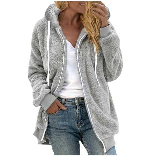 Zeiayuas Women's Fleece Hoodie Zip up Long Sleeve Hoodies Fluffy Fuzzy Hooded Sweatshirts Ladies Teddy Bear Coat Autumn Winter Plush Warm Jacket Sherpa Faux Fur Coat Outerwear