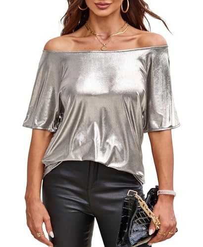 VIDUSSA Women's Shiny Off Shoulder Shirt Metallic Loose Short Sleeve Round Neck Club Blouse Tops