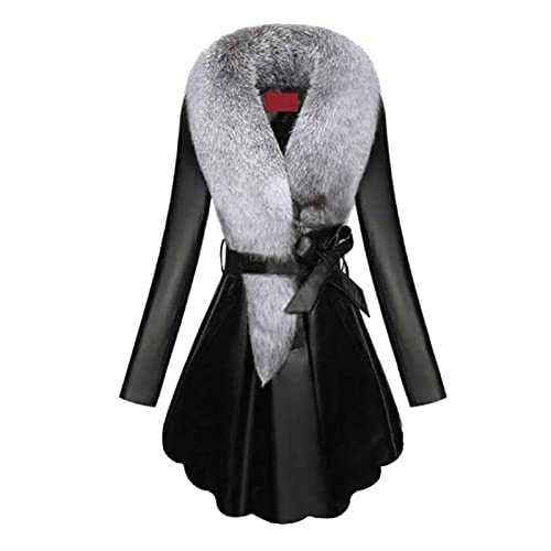 HAOLEI Women Coat Sale Clearance,Ladies Faux Leather Coats Fur Hood Solid Outdoor Coat Lapel Collar Belted Waist Plain Long Sleeve Flared Swing Hem Jacket Ladies Winter Coat Outwear UK Size 8-18