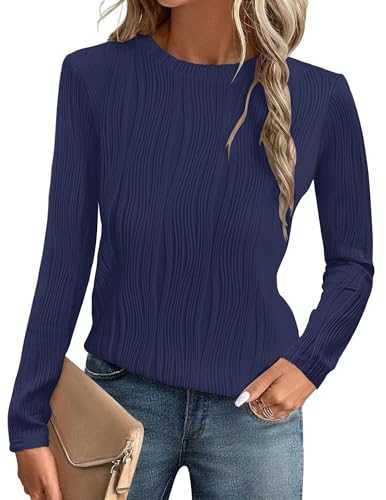 Long Sleeve Basic T-Shirts Crewneck Womens Tops Trendy Dressy Casual Solid Loose Textured Blouses Outfits S-XXL