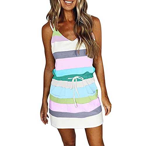 AMhomely Women's Boho Dress Deep V Neck Sleeveless Ruffle Hem A Line Mini Cami Dress High Waist Summer Beach Dress