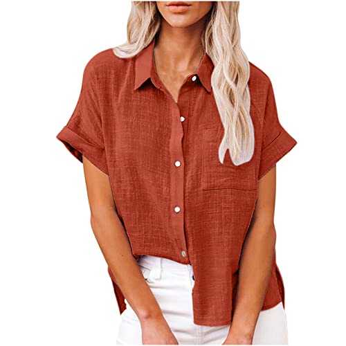 Keepink Linen Tops for Women UK Plus Size Short Sleeve Shirts V Neck Collared Button Up Summer Top Dressy Casual Business Work Blouses Going Out Top T Shirts S-5XL Clearance