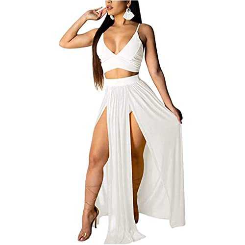 BISKAMY Women's Summer Boho Dress Sexy Dress Women's Elegant V-Neck 2-Piece Skirt with Slit Summer Dress Beach Dress