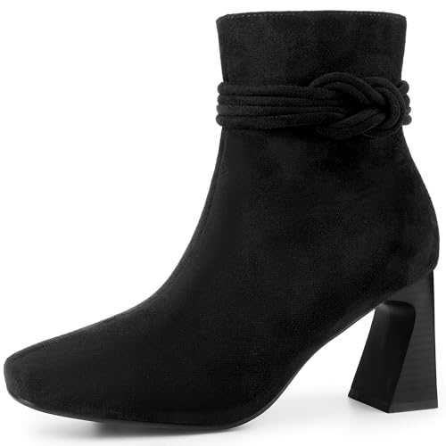 Allegra K Women's Square Toe Knot Decor Chunky Heels Ankle Boots