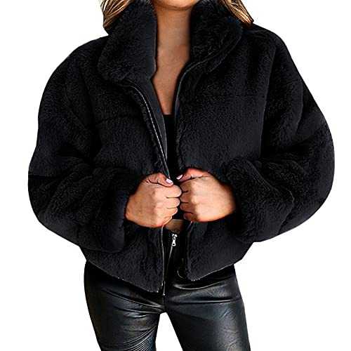 YAOTT Women's Teddy Short Overcoat Faux Fur Jacket Oversized Plush Jacket Casual Winter Coat with Pockets Loose Short Zip Outwear Elegant Long Sleeve Cardigan Fluffy Warm Jacket