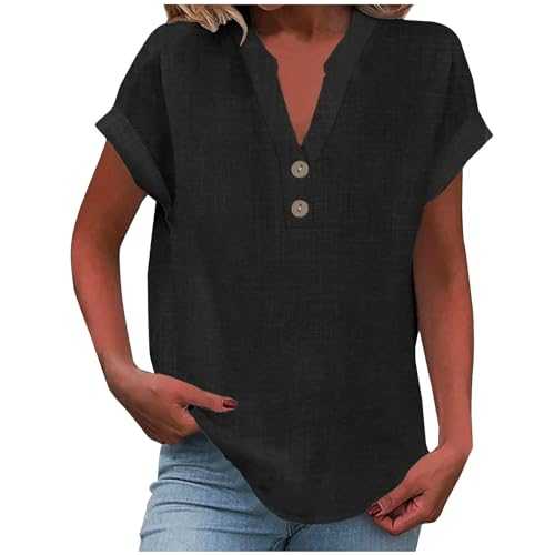 Cotton Linen Tops for Women Summer Tops Ladies Button up Short Sleeve T-Shirt V-Neck Tunic Blouse Casual Loose T-Shirt Blouse UK Size