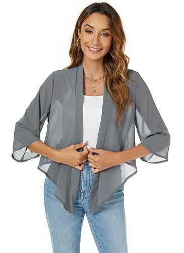 Famrrifuu Women's Shrugs Summer Bolero Chiffon 3/4 Sleeves Open Front Loose Elegant Evening Cover up Lightweight Sheer Cropped Cardigan
