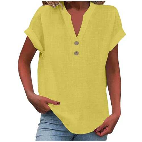 AMDOLE Ladies Tops 2025 Women's Summer Cotton Linen Cap Sleeve T-Shirt Button V Neck Tunic Tops Fashion Baggy Solid Plain Casual Shirts Trendy Blouse