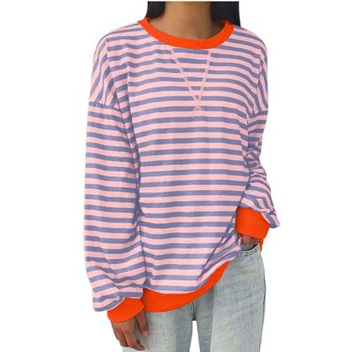 Womens Oversized Classic Striped Long Sleeve Sweatshirt Casual Crewneck Color Block Loose Pullover Tops Dressy Stylish Pullover Tops