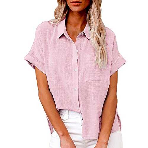 Women Button Down Shirts Cotton Linen Casual Collar Blouses Ladies Short Sleeve Button Down Cotton Linen Shirt Blouse Loose Fit Casual V-Neck Tops for Women UK