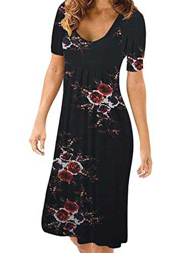 YMING Ladies Printed Pleated Dress Short Sleeve Dress Casual Summer Dress Round Neck Dresses XS-3XL