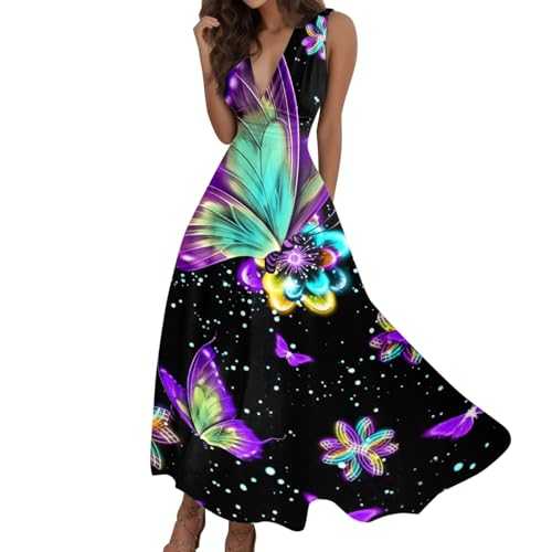 YOGALULU Women Summer Sexy Deep V Neck Formal Sleeveless Long Dress Gradient Zipper Swing Dresses Womens Dresses Summer