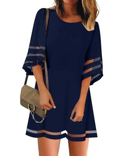 Vetinee Women Summer Tunic Dresses Casual 3/4 Bell Sleeve Crewneck Mesh Panel Loose Shift Dress