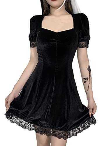 Women Gothic Velvet Mini Dress Elegant Party Vintage Punk Grunge Lace Sexy Harajuku Mini Dress