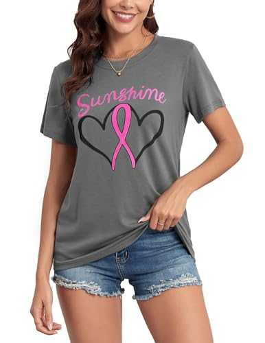 Munikais Women Pink Ribbon Heart Breast Cancer Awareness Shirts Sunshime Print Tee Inspirational Short Sleeve Tops T-Shirts