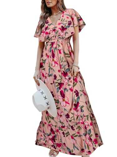 Amegoya Women's Boho Flowy Long Sleeve Square Neck Floral Midi Dress Smocked Spring Fall Wedding Guest Dresses