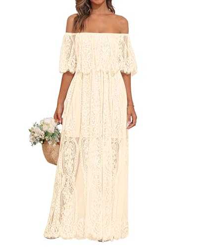 Holipick Women's Off Shoulder Lace Maxi Dress Boho Wedding Guest Bridesmaid Beach Formal Long Dress