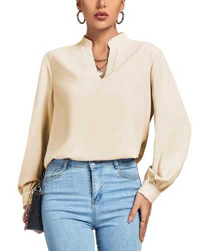 LYANER Women's V Neck Shirred Long Sleeve Office Elegant Tunic Blouse Top