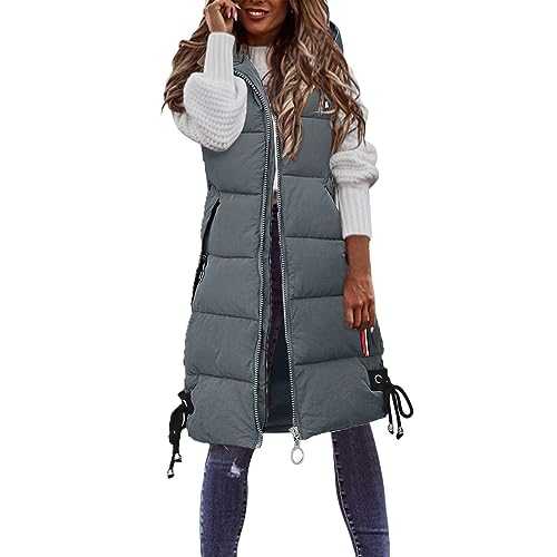 zhushuGG Long Gilet for Women UK Padded Hooded Jacket Sleeveless Longline Coat Vest with Hood Body Warmer Down Jacket with Pockets Quilted Zip Up Waistcoat Winter Parka Outwear Size M-4XL