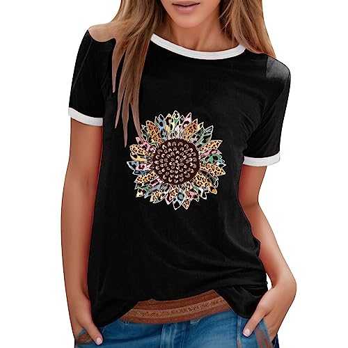 MKIUHNJ Women's Casual Round Neck Blouse Short Sleeve Stitching Colour Sunflower Print Pattern Holiday Top T-Shirt Sporty Elegant Clothing