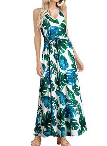 HUSKARY Womens Sleeveless V Neck Spaghetti Strap Pockets Beach Boho Tropical Summer Maxi Dress