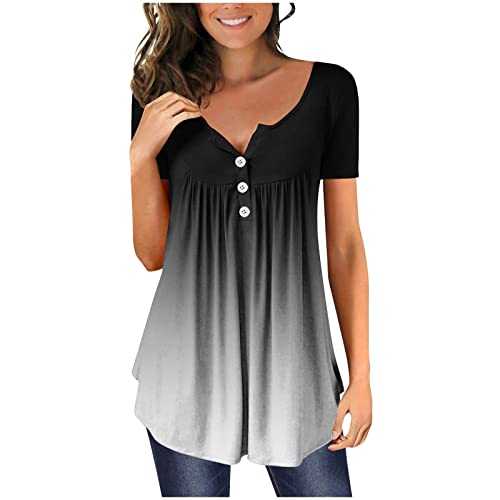 Tunic Tops for Women UK Plus Size Long Length Geometric Print Ladies Blouses UK Sale V Neck Henley Shirts Button up Short Sleeve Ruffle Summer Tee Top Loose 2023 Casual Graphic T Shirt Sale