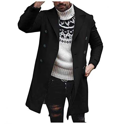 NC Men's Classic Notched Collar Double Breasted Wool Blend Pea Coat Fall Premium Wool Blend Slim Tops Stylish Big and Tall Trench Coat Heavyweight Long Jacket Parka Overcoat