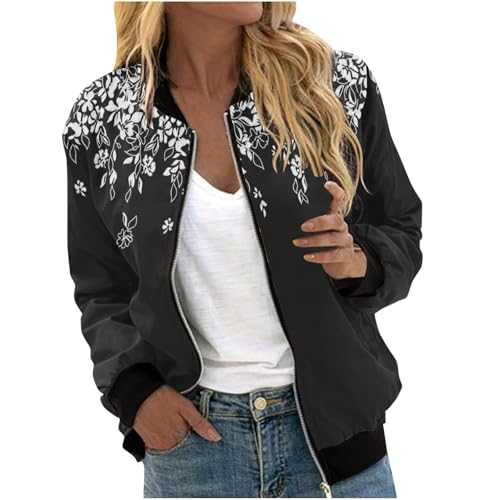 Keepink Bomber Jackets for Women UK Stand Collar Full Zip Up Coats Fashion Striped Printed Casual Jacket Lightweight Long Sleeve Outerwear Outdoor Windbreaker Coat with Pockets
